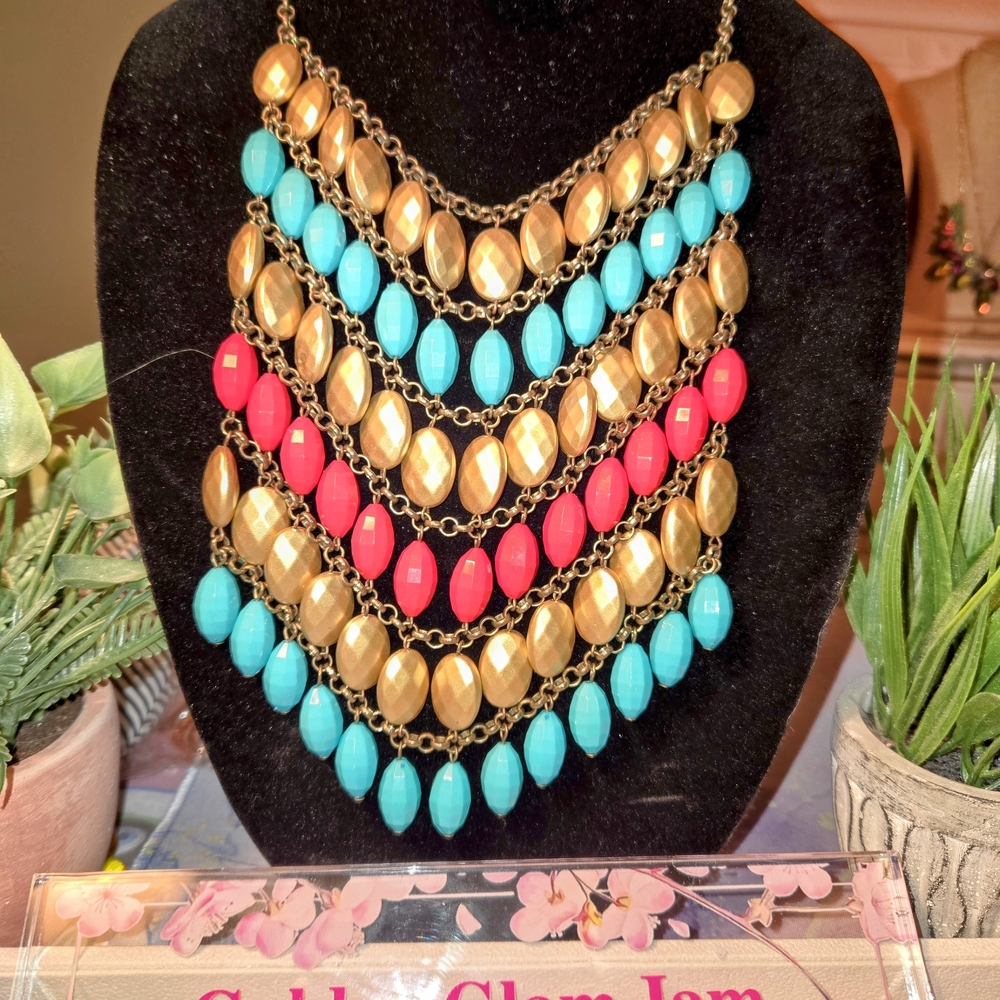Gold and Blue Bib-Style Necklace with Chevron Beads